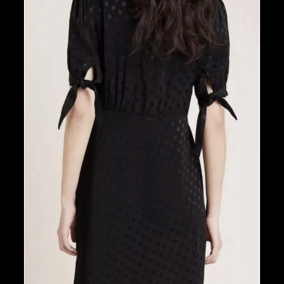Maeve Anthropologie Button Up Black Eudora Midi Dress Satin Textured Polka Dots - Picture 3 of 6